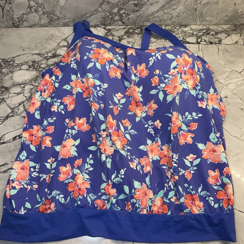 Lands' End Swim Tankini Top Blue Periwinkle Floral Print Bubble Size 16DDD